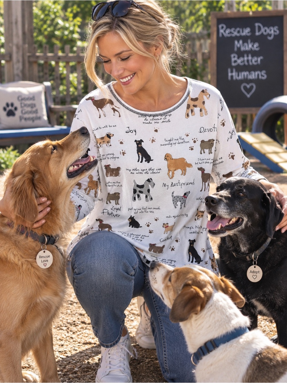Jess and Jane Cozy White Dog Print Long-Sleeve Tee